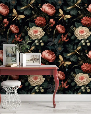 Garden-themed wallpaper featuring coral flowers and golden butterflies in a modern office with red console table