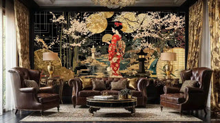 Geisha and cherry blossom wall mural in luxurious living room with leather chesterfield furniture