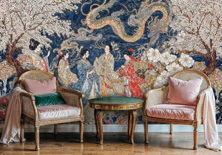 Geisha dragon garden wallpaper with golden details, styled in luxurious seating area with cane chairs and velvet cushions