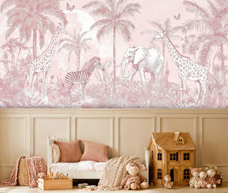 Gentle safari wall mural in rose tones with tropical animals, shown in charming kids room with wooden dollhouse