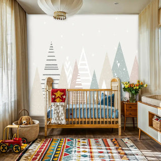 Geometric forest wallpaper with dotted mountain peaks, displayed in elegant nursery with wooden crib and chandelier