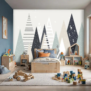 Geometric mountain wallpaper with dotted and striped triangular patterns in sage, navy, and beige, in modern kids bedroom with wooden bed