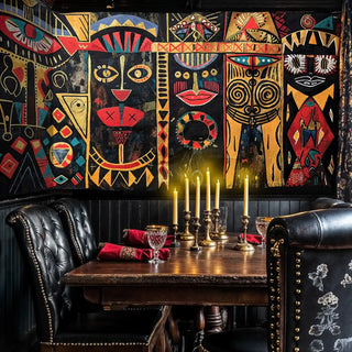 Geometric tribal wallpaper with mask patterns in gold and red, featured in elegant dining room with leather chairs