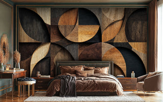 Geometric wood grain wallpaper with circular motifs in brown and black, displayed in modern bedroom with platform bed