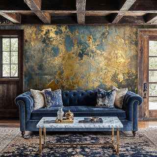 Gilded abstract Wall Mural with gold on deep blue, modern glam style, shown with tufted sofa and marble table