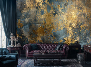 Gilded abstract Wall Mural with gold on deep blue, shown with burgundy leather chesterfield sofa and tall drapes