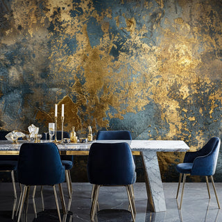 Gilded abstract Wall Mural with gold on deep blue, shown with white marble dining table and velvet blue chairs