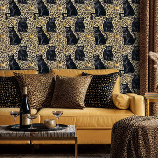 Glamorous animal print wallpaper featuring black cats and champagne glasses in luxurious gold living room