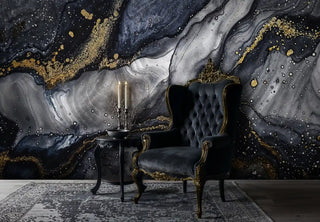 Gold and gray marble wallpaper displayed in luxury sitting room with ornate tufted armchair