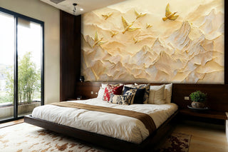 Gold and ivory mountain peaks wall mural with soaring birds, displayed in a modern bedroom with wood headboard