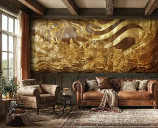 Gold asian ocean wall mural featuring waves, displayed in rustic living room with leather sofa