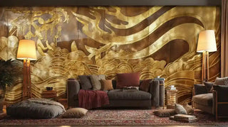 Gold asian ocean wallpaper featuring swirling golden waves, shown in modern living room with floor lamps