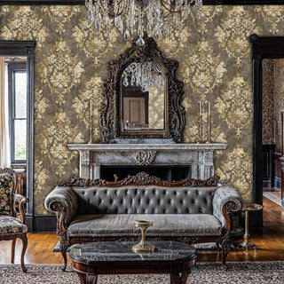 Gold damask wallpaper featuring ornate medallions in luxurious room with marble fireplace and crystal chandelier