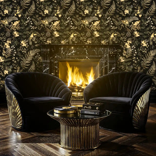 Golden botanical pattern wallpaper with ferns and flowers, displayed in luxury lounge with marble fireplace