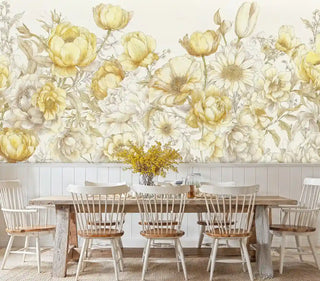 Golden botanical wall mural with detailed peonies and tulips in ivory tones, displayed in farmhouse dining room