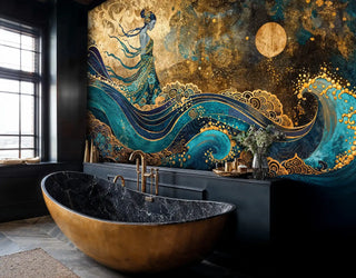 Golden celestial goddess wall mural with ocean waves, displayed in luxury bathroom with copper freestanding bathtub