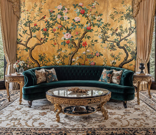 Golden chinoiserie wall mural featuring blooming branches and birds in luxurious living room with emerald velvet sofa