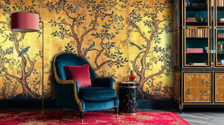 Golden chinoiserie wallpaper featuring birds and botanical branches in luxurious study with blue armchair and bookshelf