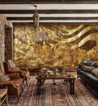 Golden cloud and waves wall mural with ornate details, displayed in cozy living room with ornate chandelier