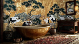 Golden crane wall mural with flowing river design, displayed in luxury bathroom with copper freestanding bathtub