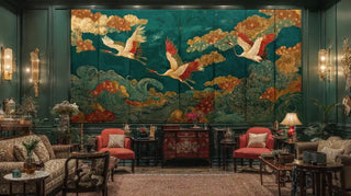 Golden crane wallpaper on deep teal background in formal living room with patterned furniture