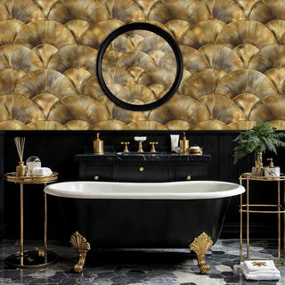 Golden fan pattern wallpaper shown in luxury bathroom with freestanding black bathtub and brass fixtures