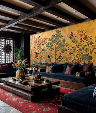 Golden garden wall mural with colorful birds and trees, shown in living room with exposed ceiling beams