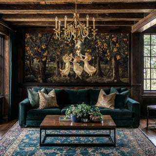 Golden grove muses wall mural showing ethereal dancers beneath fruit-laden branches, displayed in rustic living room with exposed wood beams and crystal chandelier