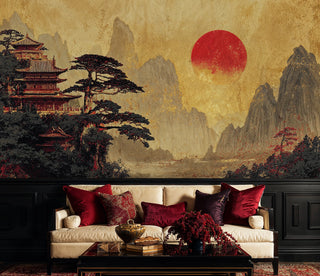 Golden Japanese temple wall mural featuring pagoda and mountains, displayed in sophisticated living room with red pillows