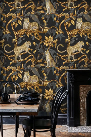Golden jungle leopard wallpaper with rope details, showcased in dining area with ornate fireplace and black chairs