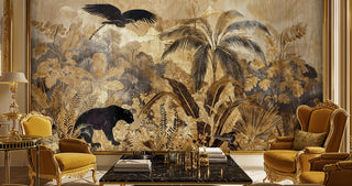 Golden jungle wall mural featuring tropical wildlife and lush foliage, displayed in a sophisticated living room