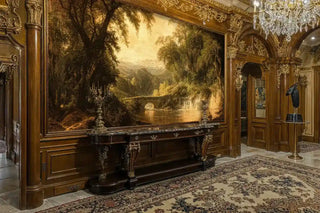 Golden landscape wallpaper with ancient trees and bridge, featured in grand foyer with ornate console table