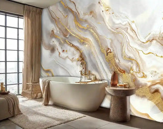Golden marble wall mural with flowing veins in luxury bathroom with freestanding tub