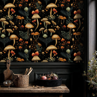 Golden mushroom wallpaper with botanical elements on dark background, displayed in elegant kitchen with wooden countertops