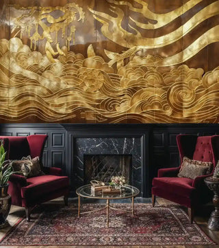 Golden ocean and waves wallpaper with swirling waves and ornate details, shown in elegant living room with red chairs