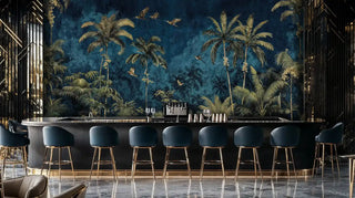 Golden palm tree wall mural on navy background with birds, displayed in contemporary bar area