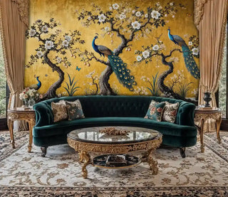 Golden peacock wall mural with blossoms in formal living room with tufted sofa
