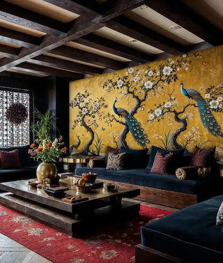 Golden peacock wallpaper featuring flowering trees in rustic living room with exposed beams