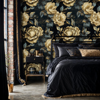Golden peony wallpaper on navy background in moody bedroom with industrial bedframe