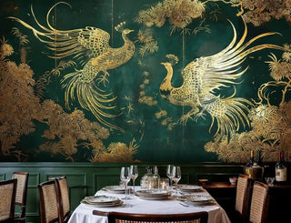 Golden phoenix mural with chrysanthemum details, shown in elegant dining room with wainscoting and formal table setting