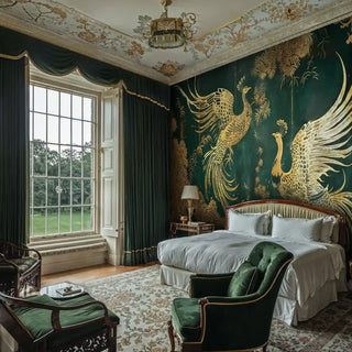 Golden phoenix wallpaper featuring majestic birds and chrysanthemums in emerald and gold, shown in elegant bedroom with velvet bed