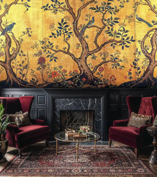 Golden tree and bird Wall Mural creating dramatic backdrop in traditional living room with marble fireplace