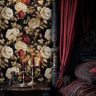 Gothic botanical wallpaper with large cream peonies and burgundy roses, displayed in elegant bedroom with ornate candelabra