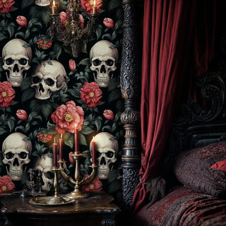 Gothic skull floral wallpaper with coral blooms on black background, shown in elegant bedroom with ornate furniture