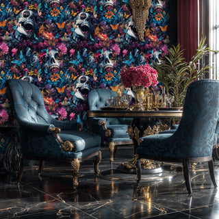 Gothic skull wallpaper with vibrant flowers and blue butterflies in luxurious dining room with blue chairs