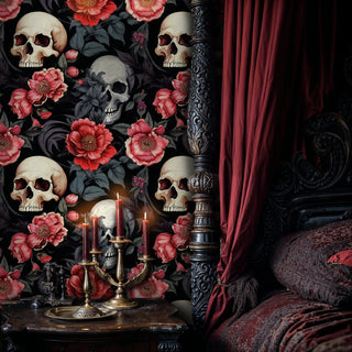 Gothic skulls and coral peonies wallpaper in opulent bedroom with red velvet curtains and brass candlesticks