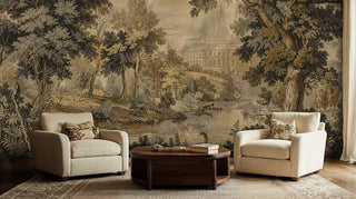 Grand classical landscape wall mural featuring estate gardens and waterway, displayed in a neutral living room with linen armchairs