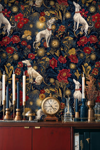 Greyhound floral wallpaper with gold accents, shown in home bar area with brass candlesticks and clock