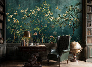 Hand-painted style bird wallpaper in sophisticated home office with leather chair and antique globe