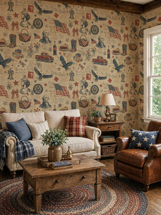 Heritage Americana wallpaper featuring soaring eagles and waving flags, in a farmhouse living room with leather armchair